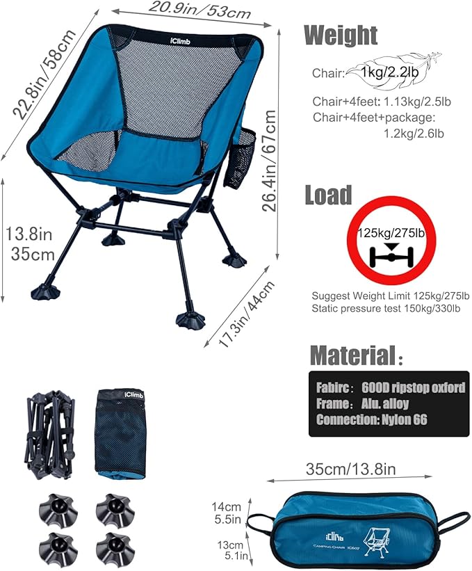 iClimb Ultralight Compact Camping Folding Beach Chair with Anti-Sinking Large Feet