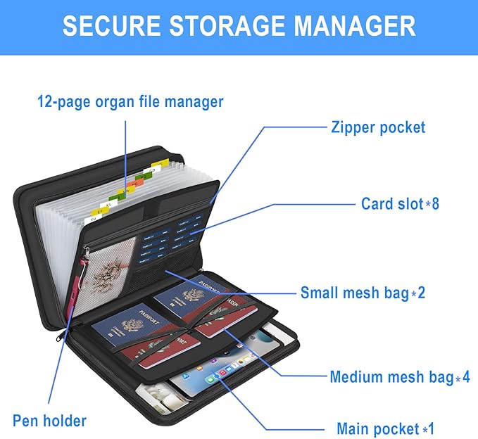 Accordion File Organizer with Lock and Shoulder Straps,Fireproof Waterproof Document Organizer Folder with Handle, Portable Large Capacity File Holder for Home Office School