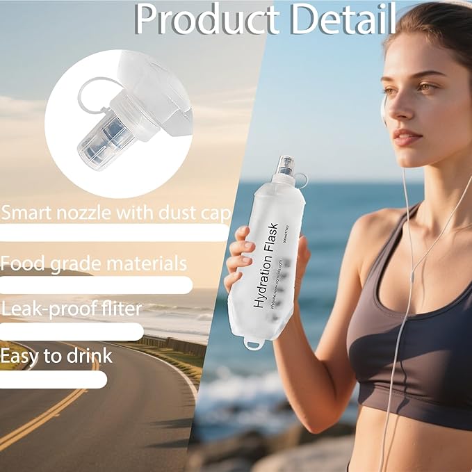 CLINTT 500ml Soft Flask, Foldable Running Water Bottle, TPU Folding Soft Water Flask, BPA-Free Collapsible Flask for Hydration Pack Running Vest, Cycling, Climbing, Hiking - 2Pcs, White