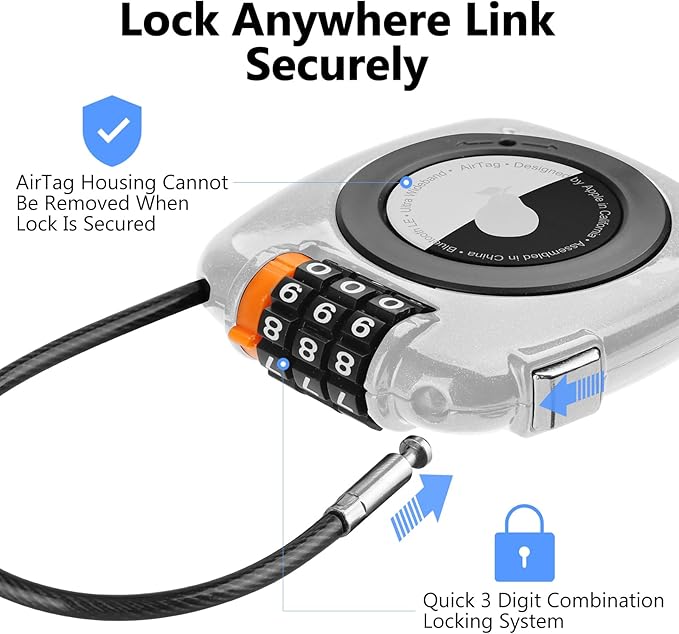 Compatible with Apple AirTag Secure Lock with Wire Cable, 3-Digit Combination Luggage Locks, Alloy Body Ultra Durable Anti-Lost Protective Case for Luggage, Bags, Suitcase, and Backpacks (WHITE)