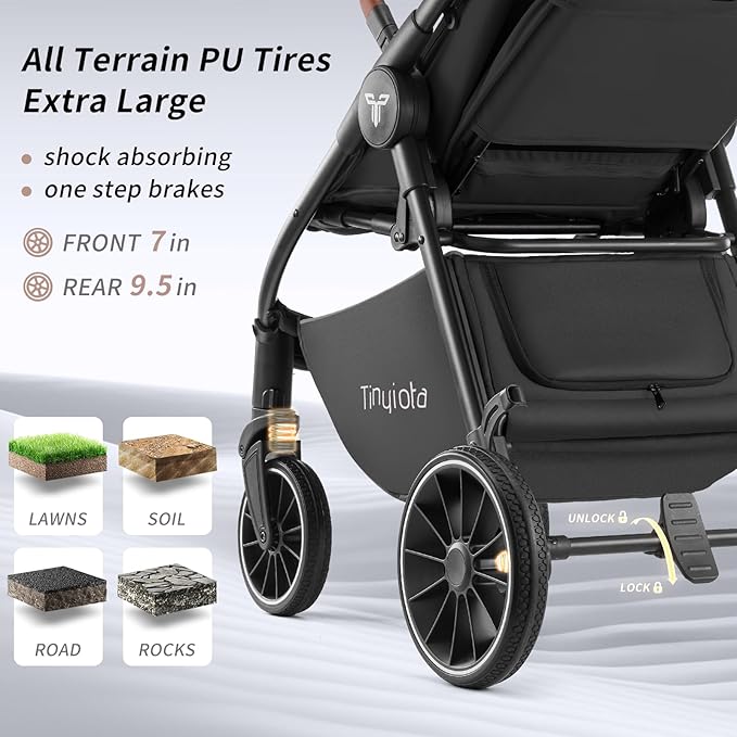 Tinyiota Baby Stroller, Infant Stroller with Large UPF 50+ Canopy,Luxury Pram Strollers with Leather Handle & Spacious Seat, One-Hand Foldable Pushchair, Toddler Carriage with Lie-Flat Mode(Black)