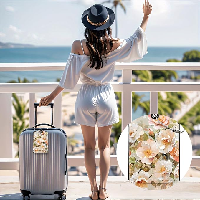 Luggage Tags for Suitcases, 2-Pack PU Leather for Cruise & Travel, Baggage ID Tags with Privacy Cover & Address Card, Durable Metal Ring, Kids Adults Travel Accessories, Soft Hued Roses