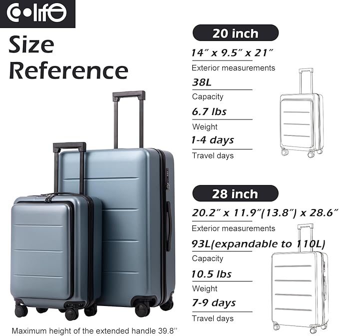 COOLIFE Luggage Suitcase Piece Carry On ABS+PC Spinner Trolley with pocket Compartmnet(Titanium gray, 20in(carry on))