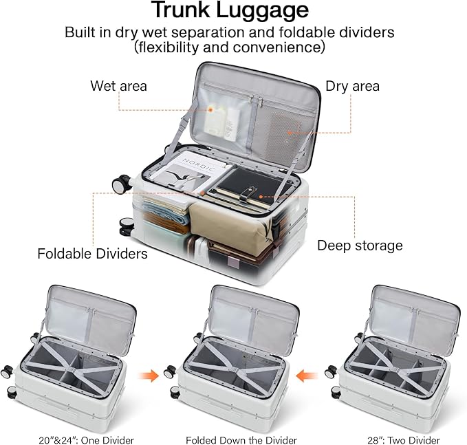 Hanke 28 Inch Luggage with Cup Holder and Charge,Top Opening Hard Shell Suitcases with Wheels and Dividers,Aluminum Frame Trunk Luggage Extra Large Suitcase with Lock for Travel,Smoke White