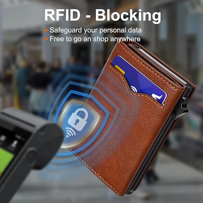 Wallet for Men,with Cash Pocket 2 ID Window 9-13 Cards,Metal Case Smart Slim Pop Up Credit Card Holder Flip with Magnetic Closure RFID Blocking Trifold wallet with Gift Box