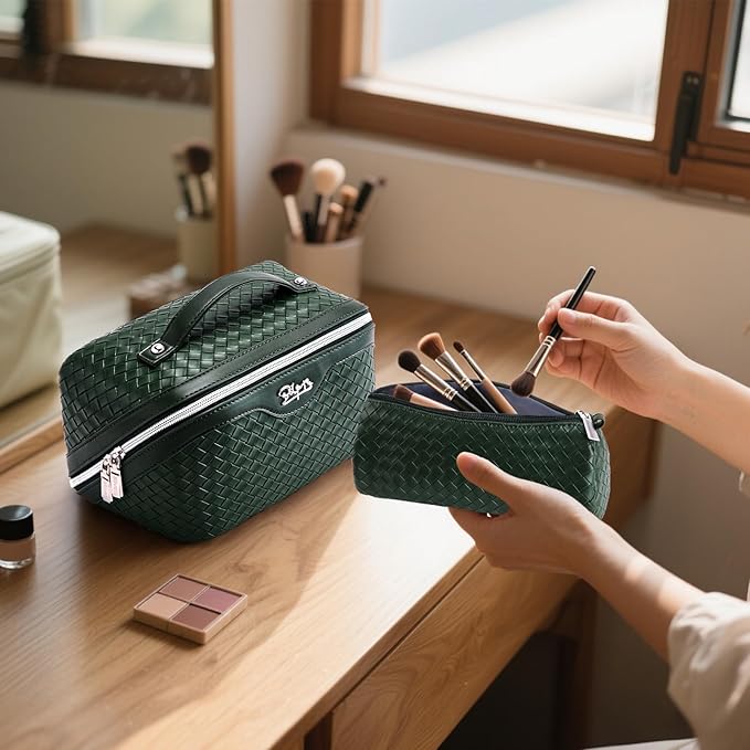 BOYATU Travel Makeup Bag Cosmetic Bags for Women: Large Capacity 3 Pcs Set Make up Bag with Compartments - Waterproof Vegan Leather Toiletry Organizer Bags with Handle - Travel Essentials(L06 Olive)