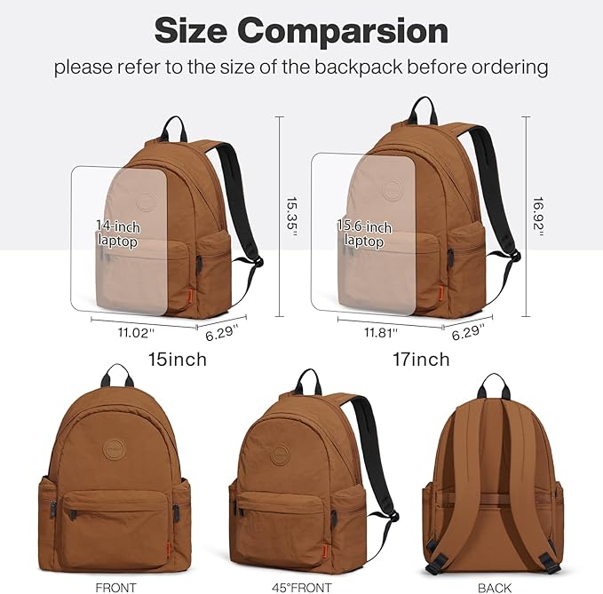 mixi Outdoor Lightweight Backpack Casual Carry On Laptop Backpack Travel Bookbag for Women Men, Water Resistant Durable Hiking Bag for Camping Weekender Sports College Work, 17 Inch, Brown