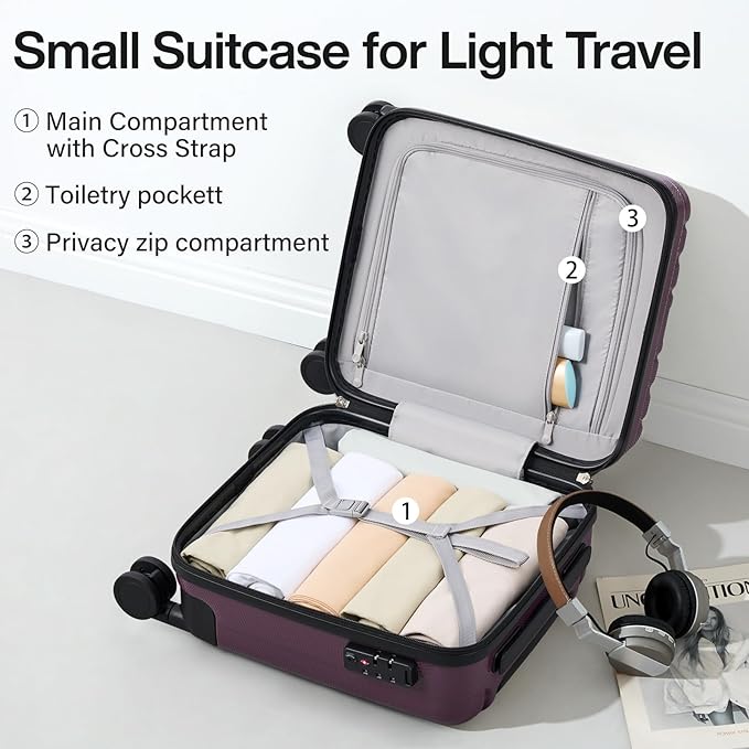 Hanke 14 Inch Underseat Carry On Luggage with Wheels Hard Shell Suitcases Lightweight Small Luggage for Weekender Mini Suitcase Carry On Bag Travel Luggage for Travel Rolling Suitcase.(Purple)