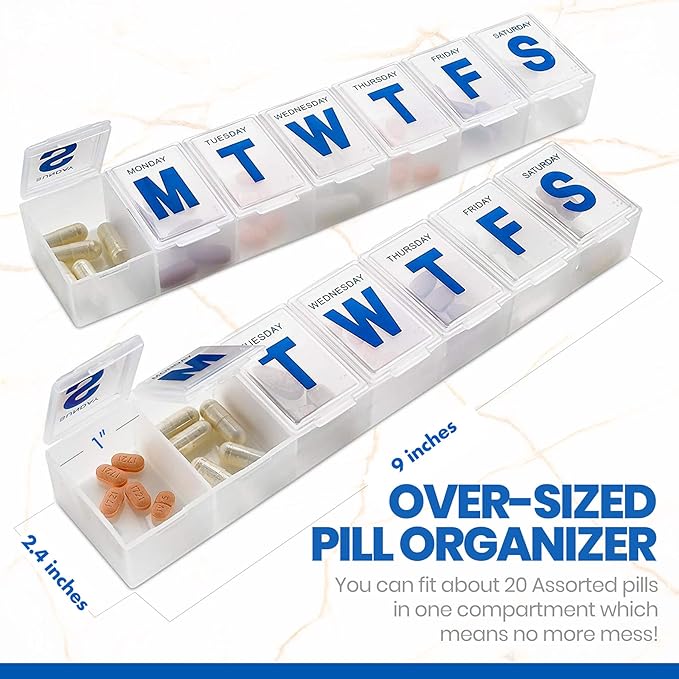 Weekly Pill Organizer - (Pack of 2) Extra Large Vitamin Container with Jumbo Easy to Read Letters, BPA Free - Daily Travel 7 Day Medication Pill Box Case