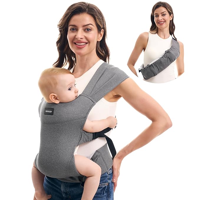 Momcozy Portable Baby Carrier – Compact & Lightweight, Adjustable for Travel, Fold & Go Convenient Storage Hip Pouch, Wide Shoulder Straps, Soft Skin-Friendly Fabric, for Babies 12–35 lbs (Grey)