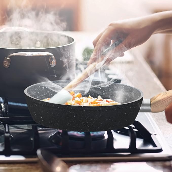 MAISON ARTS 17 Piece Pots and Pans Set Non Stick, Kitchen Cookware Sets with Nonstick Granite Stone Coating, Suitable for Induction Cooktops, Grey