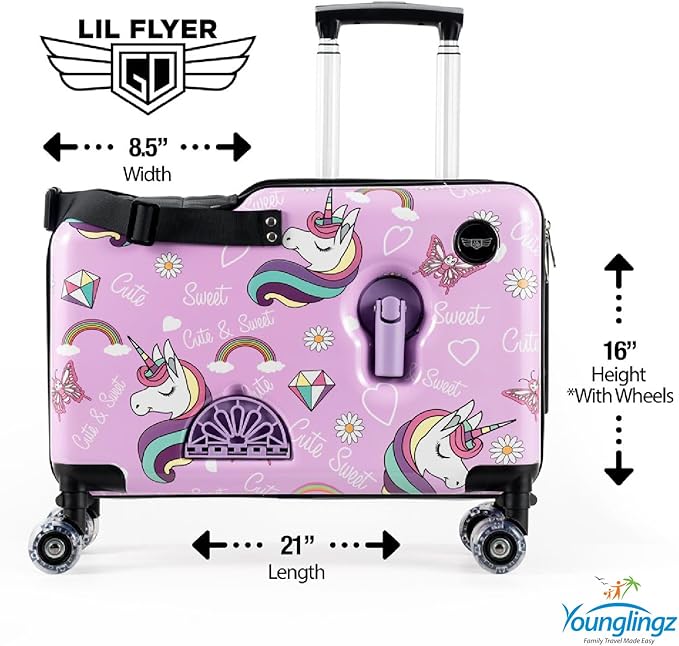 Younglingz LIL FLYER GO Version 2 Ride On Suitcase for Kids | Carry On Luggage with Toddler Seat, Foldable Handlebars, Pedals, and Removable Wheels | Holds up to 80 lbs | Glam | Ages 2-6