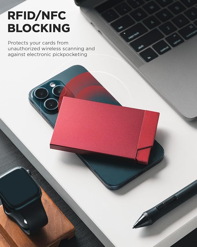 VULKIT Pop up Card Holder Minimalist Credit Card Holder RFID Blocking Slim Metal Card Case for Men or Women(Wine)