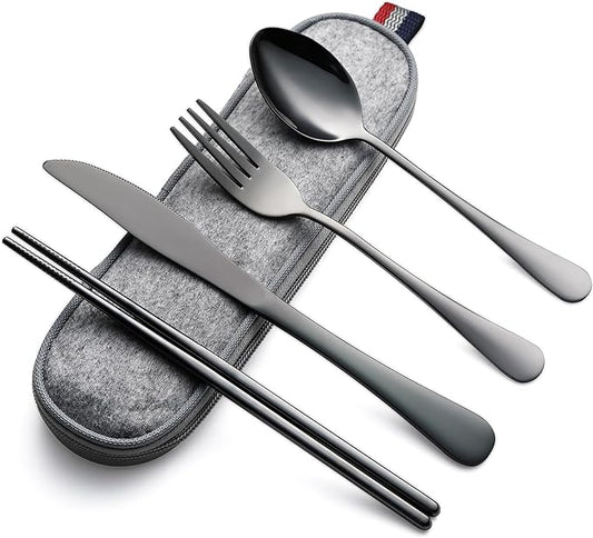 DEVICO Camping Utensils, Portable Travel Utensils with Case, Stainless Steel Reusable Silverware for Lunch Adult, 5Pcs Cutlery Set Includes Knife Spoon Fork Chopsticks and Case (Black)