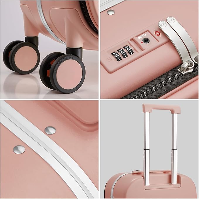 mixi Carry On Luggage, 20'' Suitcase with Front Laptop Pocket, Travel Rolling Luggage Aluminum Frame PC Hardside with Spinner Wheels & TSA Lock and Cover - Pink