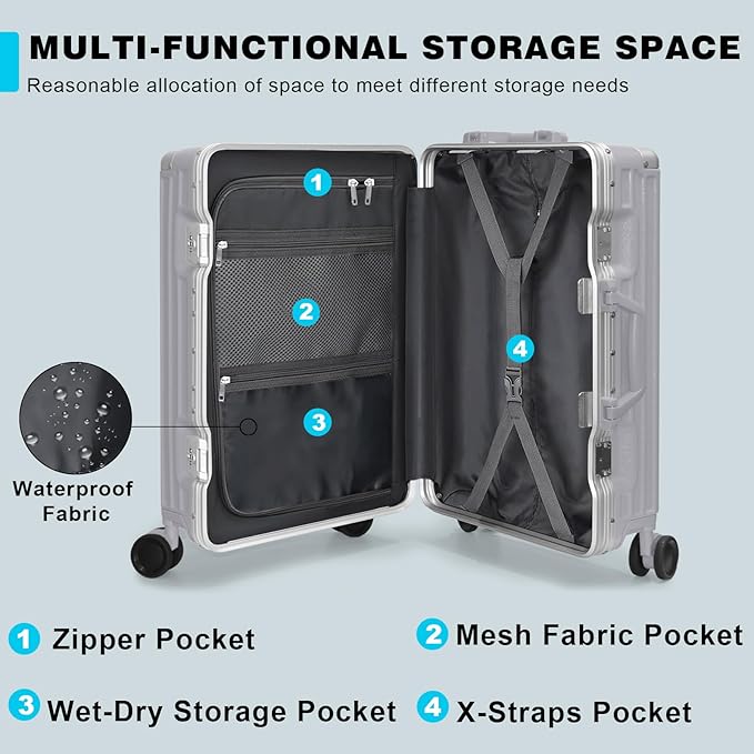 AnyZip Luggage PC+ABS Aluminum Frame Zipperless Checked Luggage Hard Shell Suitcase with TSA Lock Double Spinner Wheels 24 Inch Silver
