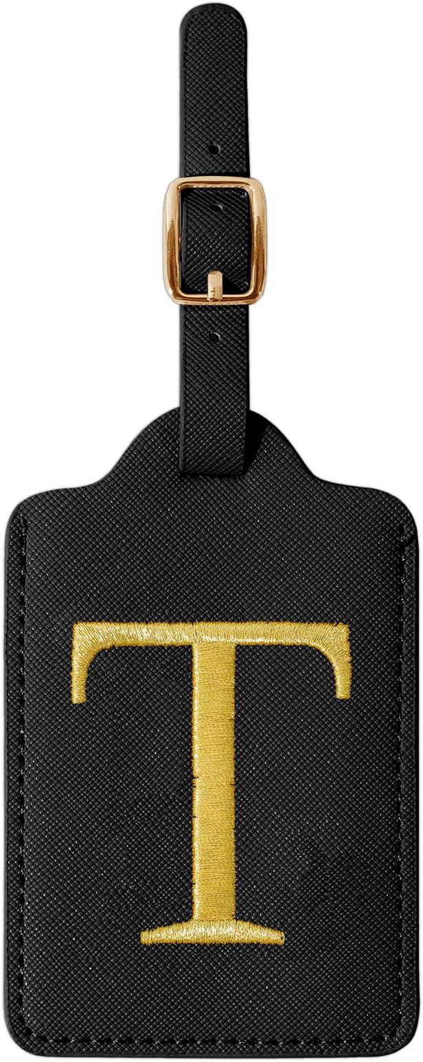 Personalized Initial Luggage Tags for Suitcase TSA Approved, Black Leather Cute Luggage Tag with Privacy Cover Name Card, Embroidered Custom Luggage Tags Travel Backpack Tags Gifts for Women Kids(T)