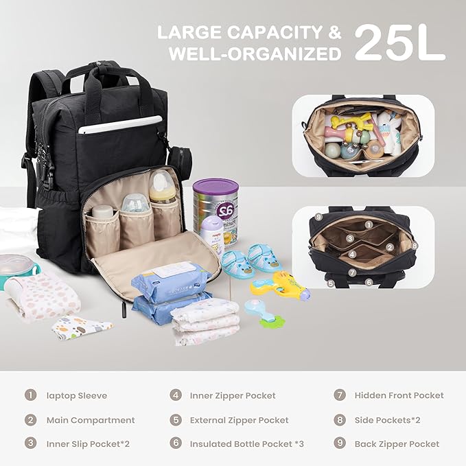 VONAL Diaper Bag Backpack, Lightweight Baby Diaper Bags, Travel Large Diaper Bag with Changing Station, Black Diaper Backpack for Boys Girls Newborn with Insulated Pockets, Stroller Straps