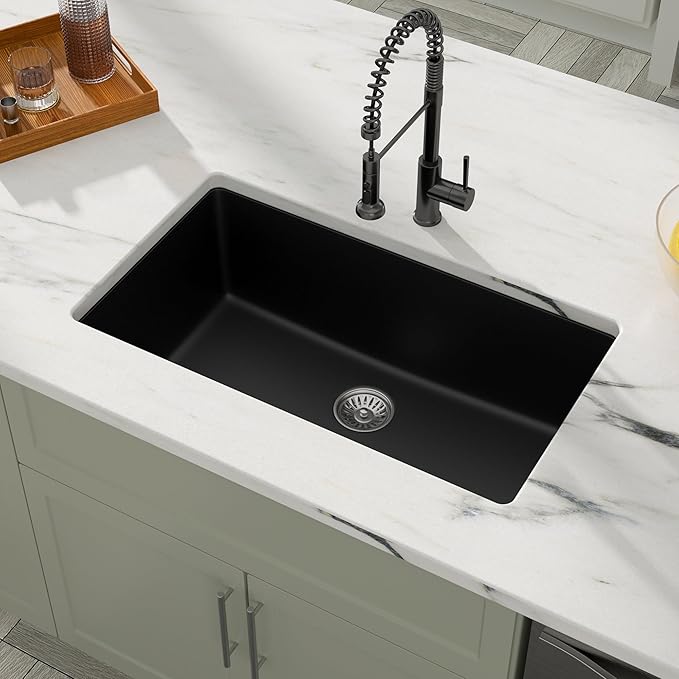 Dcolora 33 Inch Granite Composite Kitchen Sink, Black Undermount Kitchen Sinks Deep Single Bowl, 33"x19", Round Corner, DC-GU7749