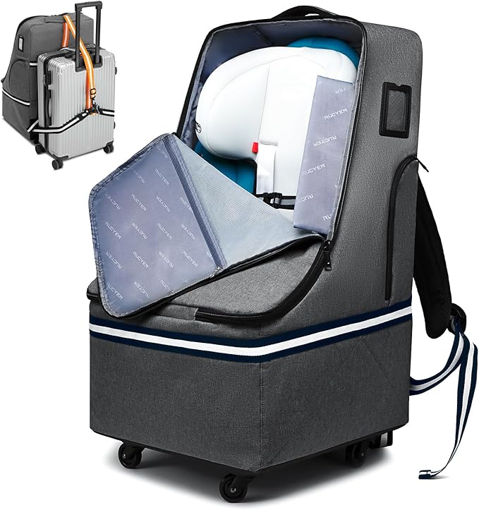 Rolling Car Seat Travel Bag, Padded Carseat Travel Backpack for Airplane,Large Durable Travel Bag with 4 Wheels,Adjustable Shoulder Strap and Waterproof Base Dark Grey