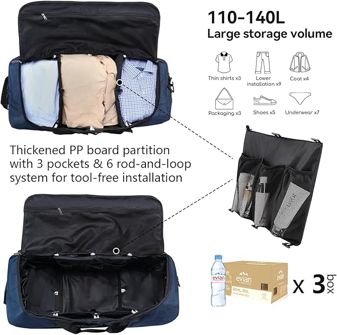 Vomgomfom Wheeled Collapsible Duffel Bag,110L-140L Expandable Checked Luggage, No-Telescopic-Handle with Anti-Burst Zipper & Reinforced Frame,Navy