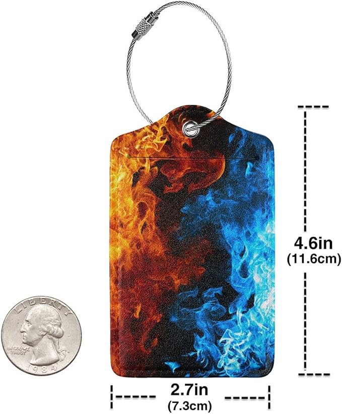 2-Pack Cool Ice and Fire Luggage Tags for Suitcases, Red and Blue Leather Baggage Tag with Loop, Cool Luggage Identifiers Name ID Card Cover Travel Bag Labels Set