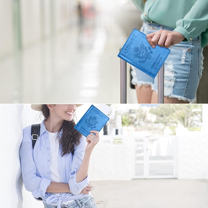 Eoehro Unisex-Adult Passport and Vaccine Card Holder Combo, Sky Blue, Faux Leather, RFID Protected