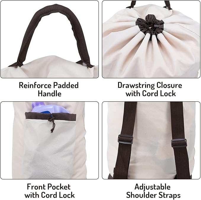 Laundry Bag Backpack with Shoulder Straps and Detergent Holder Clothes, Travel Laundry Backpack Bag Hamper for College Dorm Room (Khaki w Brown)