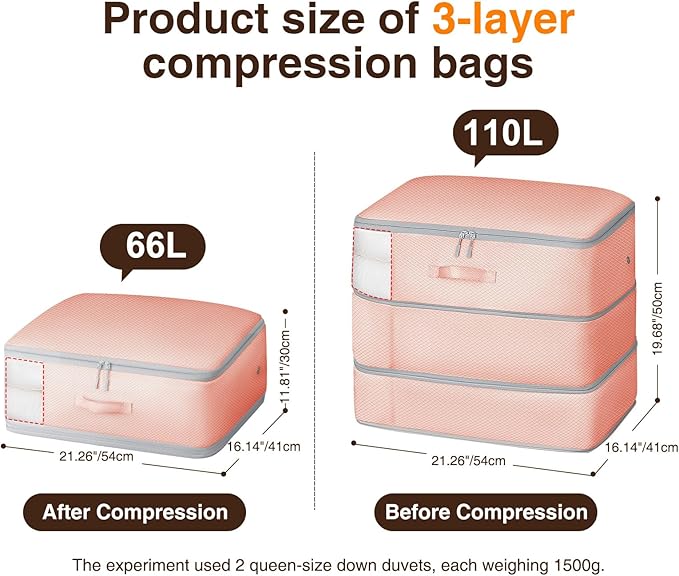 6 Pack Compression Storage Bags - 110L Large Capacity Comforter Storage Bag, 3-Layer Washable Ultra Space Saving Self Compression Organizer Space Bags for Blankets, Sweaters, Sheets, Pink