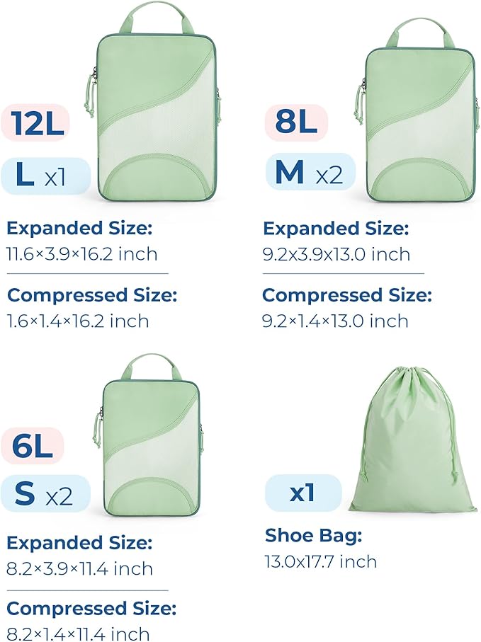 BAGSMART Compression Packing Cubes - 6 Set Travel Packing Cubes for Suitcases, Compression Suitcase Organizers with Shoe Bag
