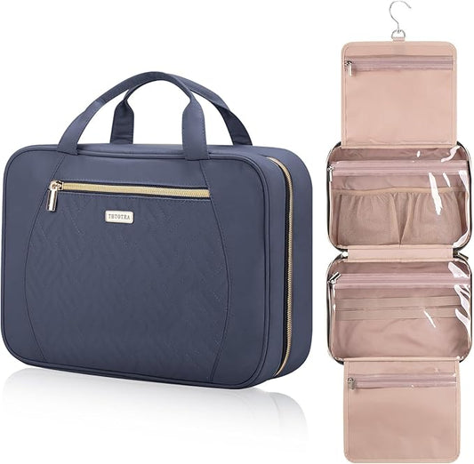 Hanging Toiletry Bag for Women Travel, 2 Sizes Large & Small Waterproof Cosmetic Organizer with 4 Compartments, Rotating Hook, Foldable Pink Travel Bag for Toiletries & Makeup, Large Grey Blue