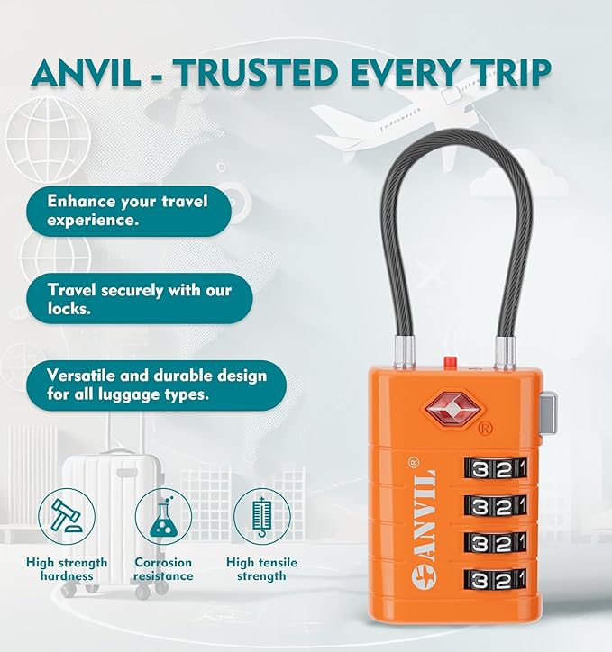 ANVIL 4 Digit Luggage Locks, TSA Locks for Luggage, Advanced TSA008 core, Alert Indicator for Your Travel Lock, Suitcase Lock. (3, Orange)