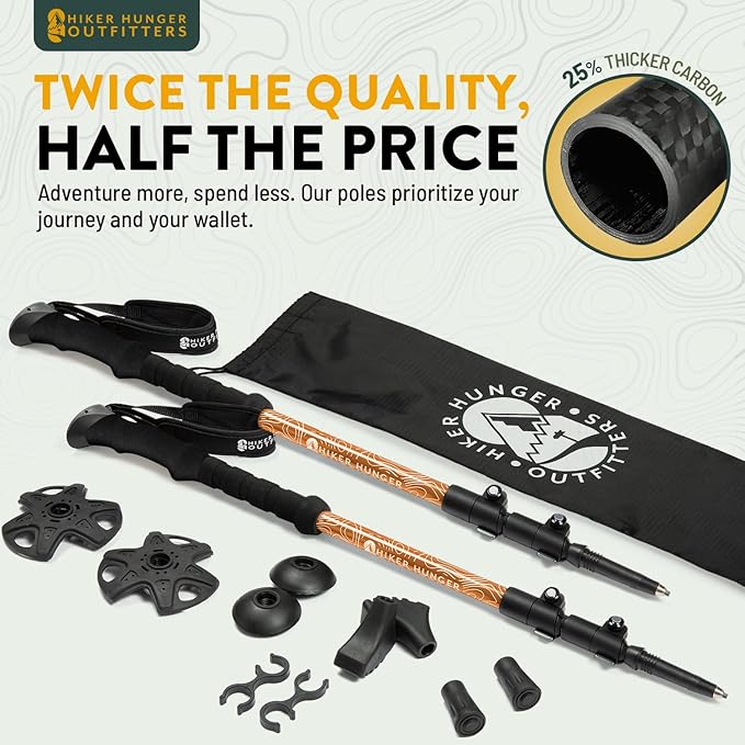 100% Carbon Fiber Trekking Poles by USA Brand - Ultra Strong Lightweight Collapsible Hiking Poles with Cork and EVA Foam Grips & Quick Adjustable Flip Locks