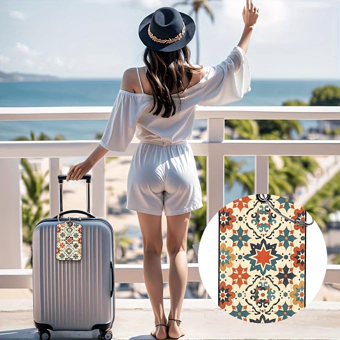 Luggage Tags for Suitcases, 2-Pack PU Leather for Cruise & Travel, Baggage ID Tags with Privacy Cover & Address Card, Durable Metal Ring, Kids Adults Travel Accessories, Vintage Tilework