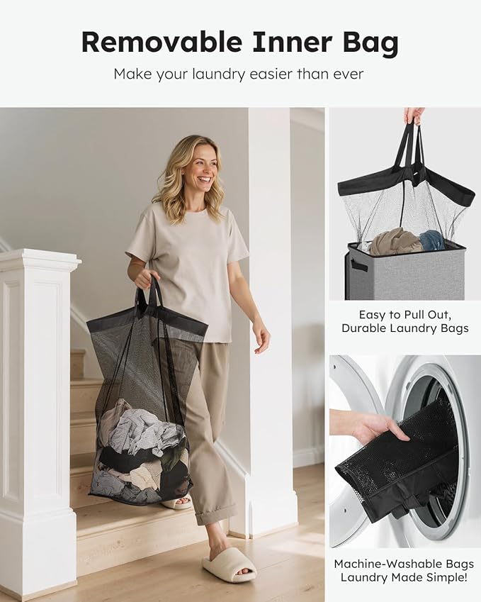 SOLEDI Slim Laundry Hamper with Lid, Narrow Laundry Basket with Removable Bags, Dirty Clothes Hamper with handle, Small Hamper perfect for Laundry room, Bathroom, Bedroom, Small spaces. 70L Grey