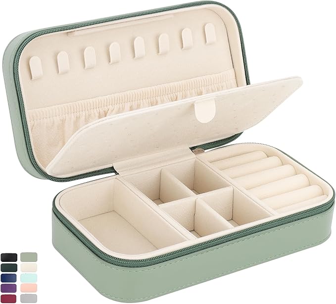 DesignSter Travel Jewelry Box, PU Leather Portable Jewelry Case, Small Jewelry Boxes for Gifts, Travel Jewelry Organizer for Women Rings Earrings Necklaces Bracelets (Avocado Green)
