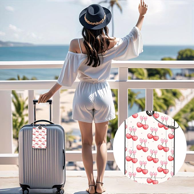 Luggage Tags for Suitcases, 2-Pack PU Leather for Cruise & Travel, Baggage ID Tags with Privacy Cover & Address Card, Durable Metal Ring, Kids Adults Travel Accessories, Sweet Bow Cherries