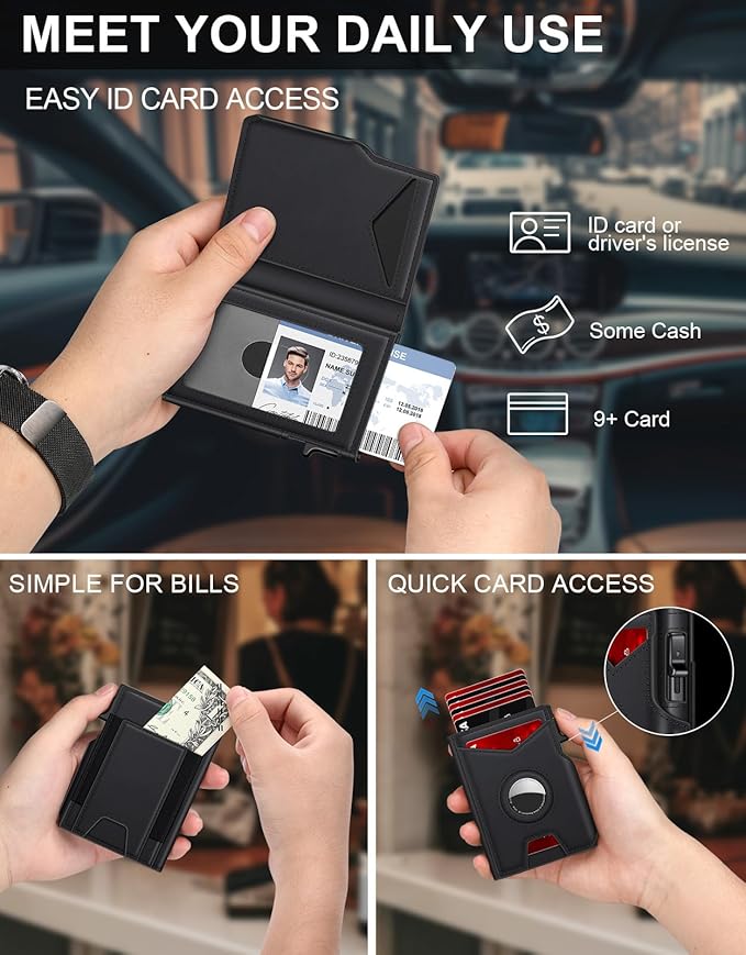 Airtag Wallet for Men, Minimalist Slim Mens Wallet Smart Pop Up Credit Card Holder for 9-13 Cards, RFID Blocking Wallet with ID Window & Cash Slot, Compact Bifold Metal Aluminum Card Case