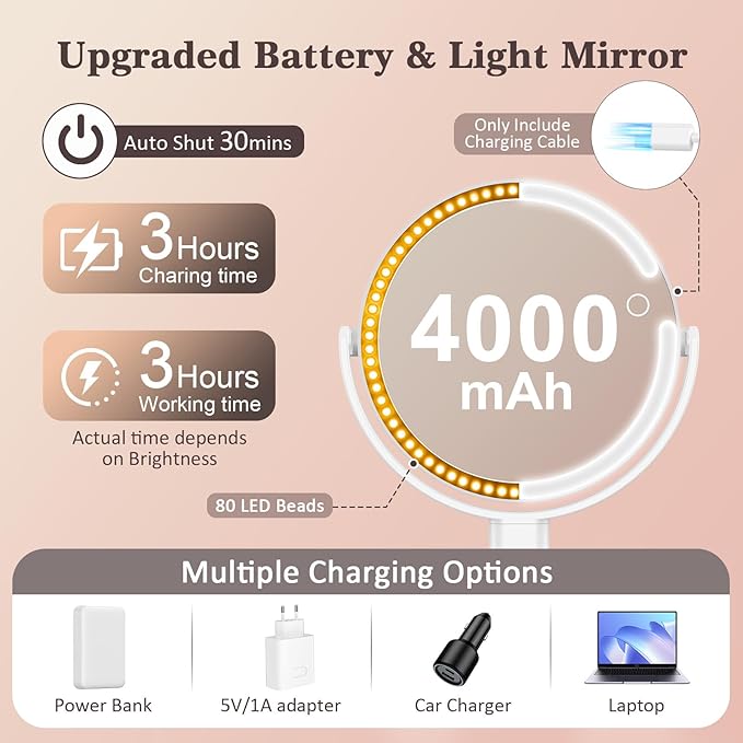 15X/1X Lighted Magnifying Mirror, 4000mAh Rechargeable Makeup Mirror with 3 Level LED Light, 360° Rotation 2 Sided Vanity Desk Mirror, Dimmable Adjustable Height Table Makeup Mirror Phone Stand