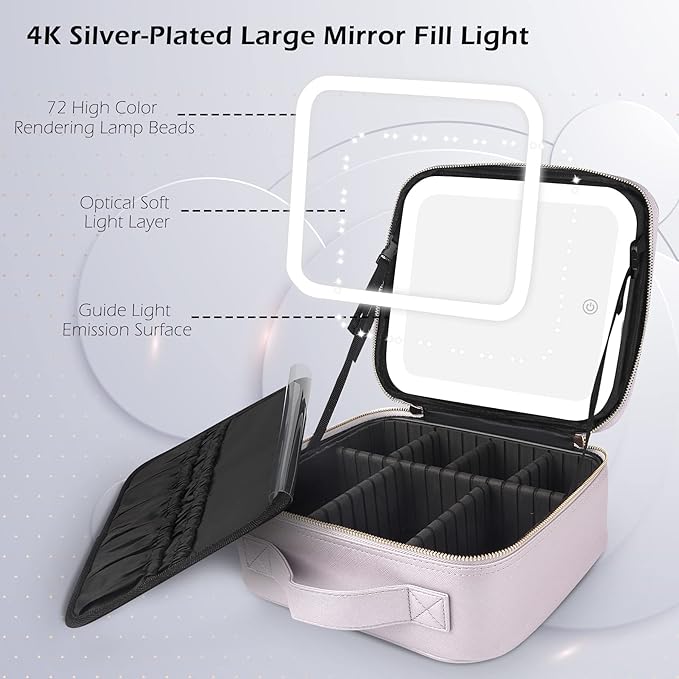 MOMIRA Travel Cosmetic Train Case with Lighted Mirror 3 Color Scenarios Cosmetic Bag Organizer with Adjustable Dividers Makeup Storage for Women, Makeup Accessories & Tools Case Violet Grey