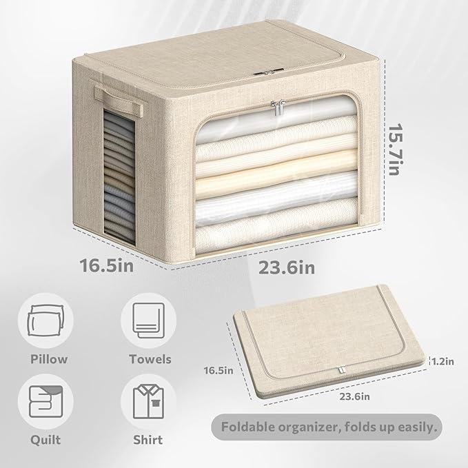 4 Pack Clothes Storage Bins with Metal Frame - Linen Fabric Foldable Stackable Container Organizer Set with Clear Window & Carry Handles & Zippers (Beige, 23.6"x16.5"x15.7")