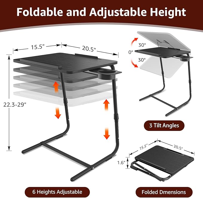TV Trays Set of 2 - Folding TV Tray Adjustable Dinner Trays for Eating On Couch Wooden Tables Mate Stand Foldable Black Desk with Cup Holder Portable