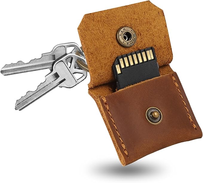 Jack&Chris Genuine Leather SD Card Holder Keychain, Anti-Shock Anti-Dust SD Card Case, Portable Camera Accessories for SD CF CFexpress Micro SD Nano SIM and Micro SIM Cards, Brown
