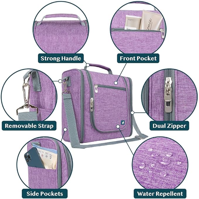 PAVILIA Extra Large Toiletry Bag Travel Bag for Women Men, Hanging Cosmetic Organizer, Water Resistant Makeup Bag for Accessories Toiletries, Travel Essentials Kit (Purple)