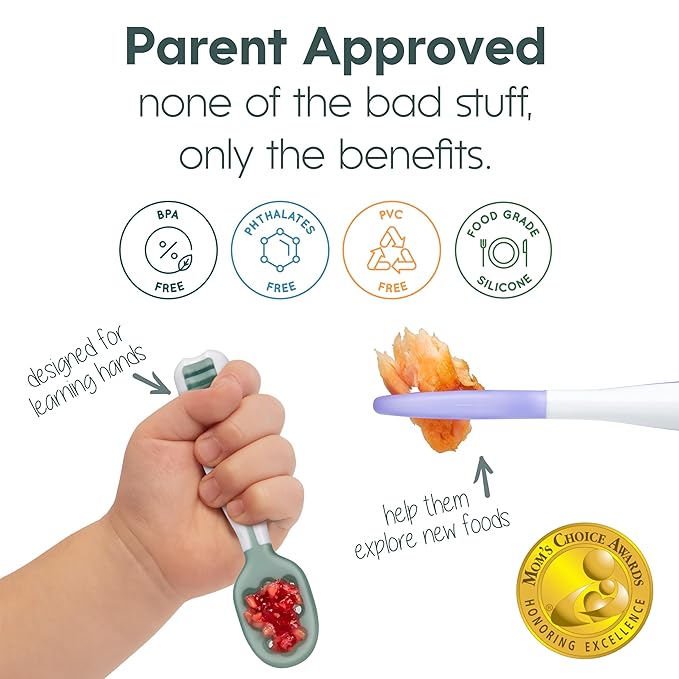 NumNum Baby Spoons Set, Baby Essentials Pre-Spoon GOOtensils for 6+ Months, First Stage Self-Feeding Spoons for Baby Led Weaning (BLW), Silicone Toddler Utensils, BPA-Free, 2 Pack Gray/Green