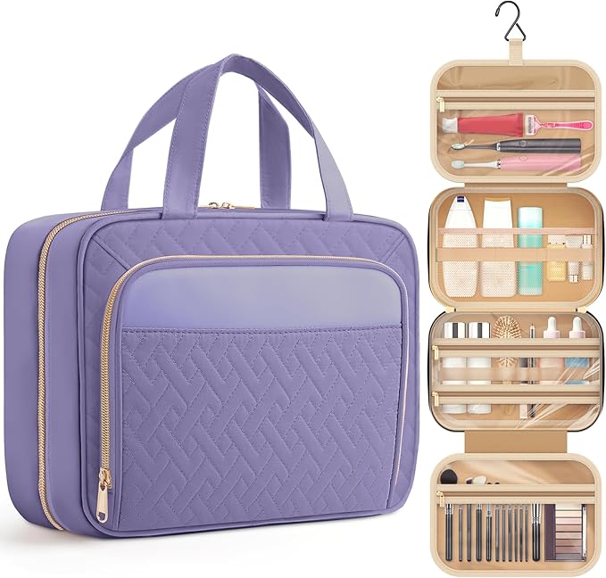 HOTOR Travel Toiletry Bag for Women & Men, Waterproof Makeup Bag with Hanging Hook and Multiple Pockets, Cosmetic Bags for Women, Travel Essentials, 11.2'' x 3.2'' x 8.9'', Light Purple