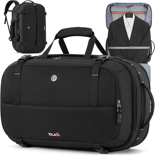 Tolaccea Travel Backpack with Garment Bag, Suit Carry On Backpack, TSA Flight Approved for Travel & Business Trips with Dual Laptop Storage for 17.3" and 12.9" & Extra Toiletry Bag, 45-55L Expandable