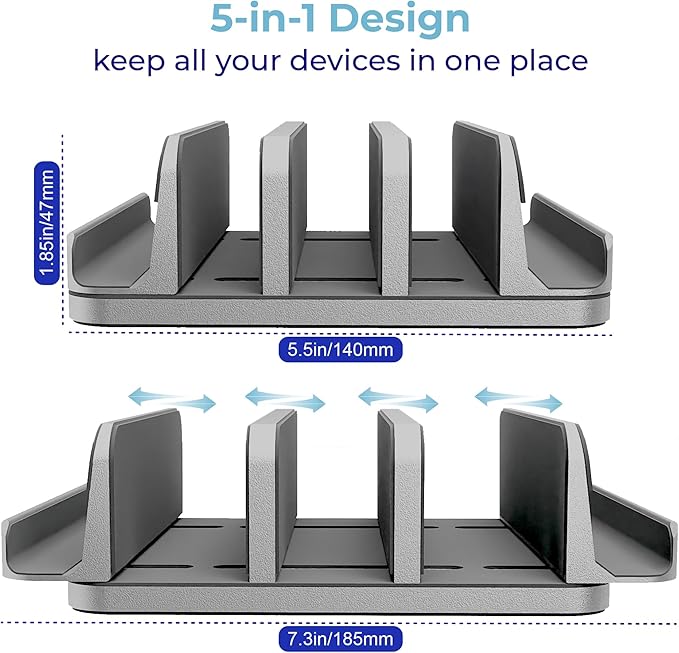 Vertical Laptop Stand Holder 5 Slots, Aluminum Space-Saving Laptop Holder, Adjustable Size Dock Tabletop Desk Organizer 3 Slot + 2 for Apple MacBook/Surface/PC/Tablet/iPad/iPhone (Space Gray)