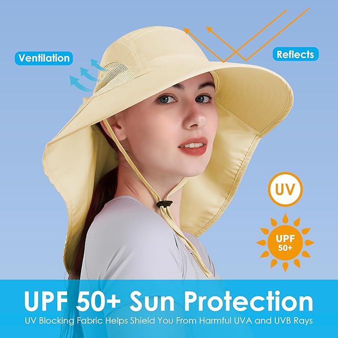 Womens Sun Hat UV Protection, Foldable Waterproof Wide Brim Bucket Hats with Neck Flap for Summer Beach Fishing Hiking