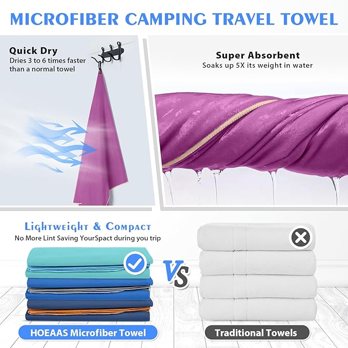 HOEAAS 2 Pack Microfiber Camping Towels, Quick Dry Towel, Super Absorbent Ultra Compact Travel Towel Soft Lightweight Sports Towel for Sweat Fast Drying Towels for Pool,Gym,Hiking,Backpacking,Fitness